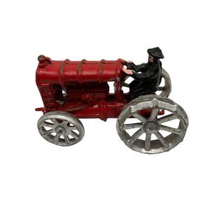 Cast Iron Red Tractor Silver Wheels With Driver Vintage Retro Collecible
